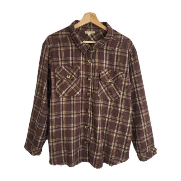 Democracy Women’s Plaid Flannel Shacket Brown L Relaxed Fit Raw Hem Preppy Cozy - Picture 1 of 12
